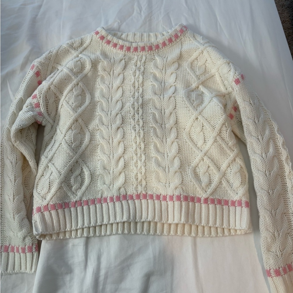 Edikted Cream Cable Knit Crewneck with Pink Trim
